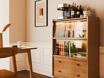 Wooden Entryway Cabinet Sideboard with Glass Doors Shelves Holding Books Wine Bottles and Coffee Machine 3d model