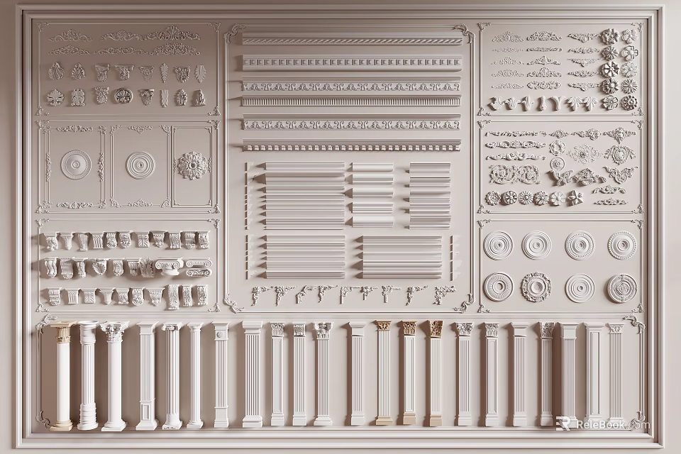 Ornate Carved Decorations Wall Display With Various Moldings Reliefs And Columns 3d model 