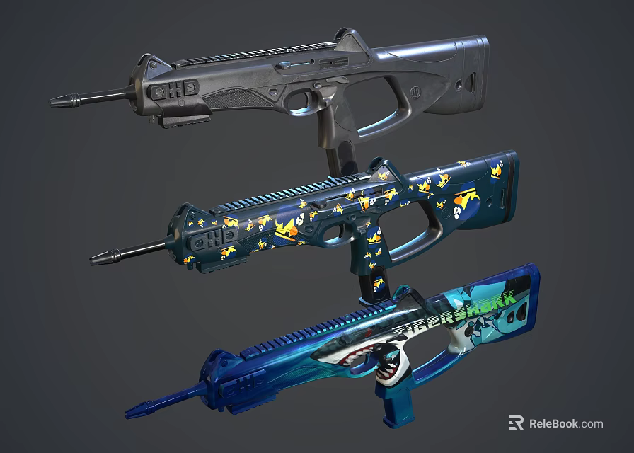 Three Stylish Weapons Featuring Silver Finish Yellow Black Patterns And Blue Green Design 3d model 
