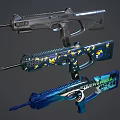 Three Stylish Weapons Featuring Silver Finish Yellow Black Patterns And Blue Green Design