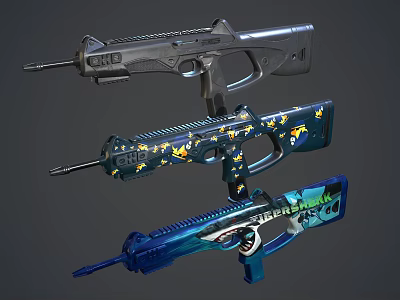 Three Stylish Weapons Featuring Silver Finish Yellow Black Patterns And Blue Green Design 3d model