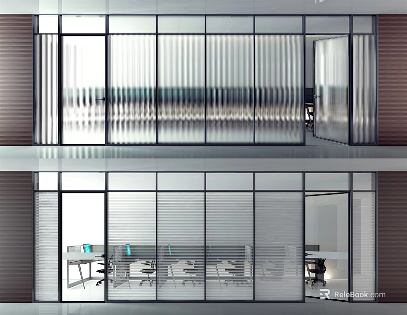 Spacious Modern Office Interior Design With Glass Hinged Doors And Partition Walls 3d model 