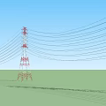 Industrial Equipment Power Towers with Multiple Power Lines Against Blue Sky and Green Field