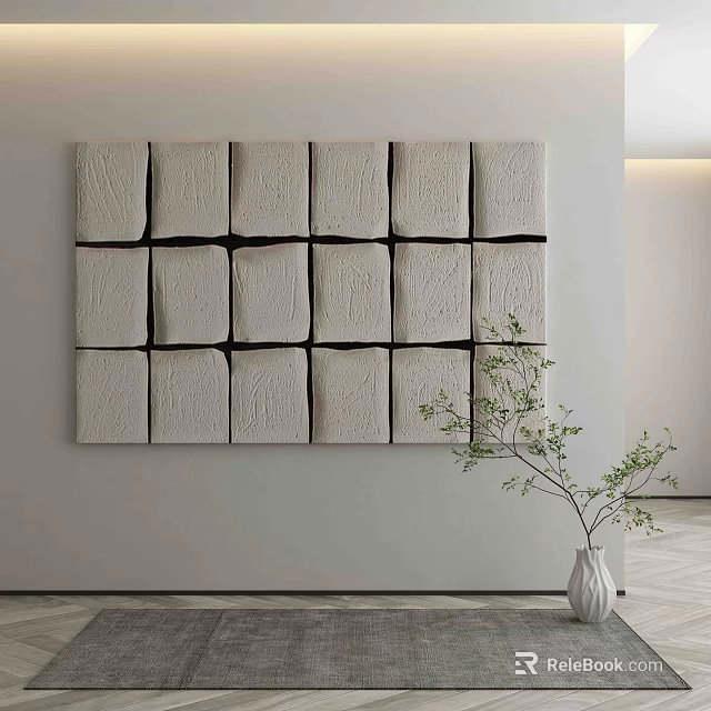Textured Square Panel Wall Decor With Green Plant In White Vase 3d model 