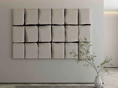 Textured Square Panel Wall Decor With Green Plant In White Vase 3d model