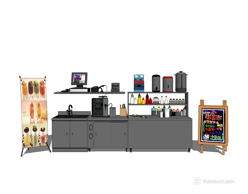 Practical Functional Table With Kitchen Counter Appliances Shelves And Display Boards 3d model