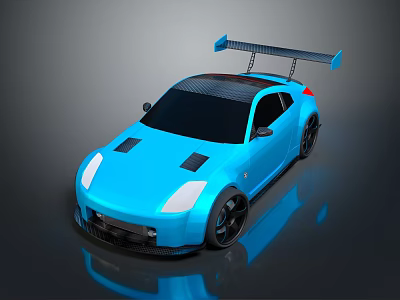 Blue Modified Sports Car With Large Rear Spoiler Black Roof And Wheels 3d model