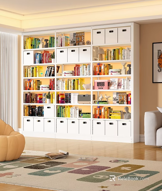 Modern White Bookcase With Multiple Storage Compartments Open Closed Cabinets And Books 3d model 