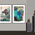 Two Chinese Landscape Paintings With Green Blue Mountain Scenery Hanging On Wall