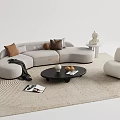 Modern Curved Sofa and Coffee Table Set With Throw Pillows Accent Chair and Woven Rug