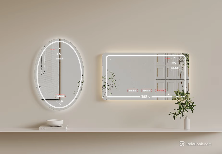 Modern LED Lighted Oval And Rectangular Mirrors On Interior Wall With Plant And Shelf 3d model 