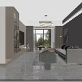 Modern Living Dining Room Interior With Chandelier Large Window Sofa And Decorative Plant