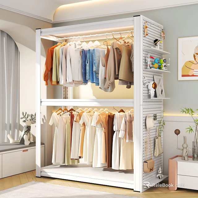 Double Layered Clothes Rack With Various Colored Hanging Clothes And Decorative Accessories 3d model 