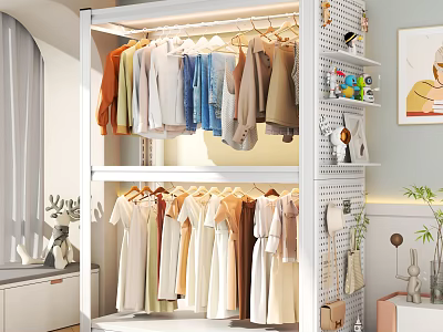 Double Layered Clothes Rack With Various Colored Hanging Clothes And Decorative Accessories 3d model