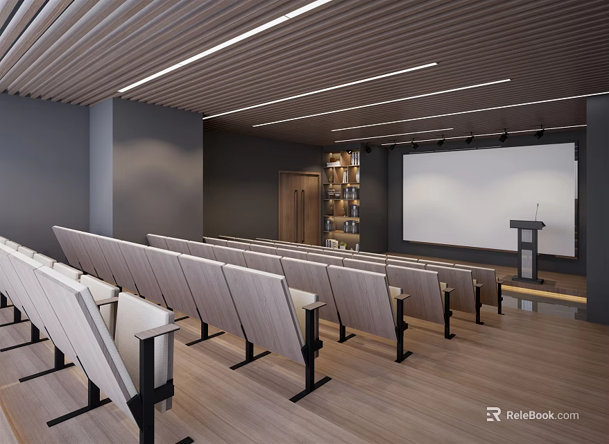 School Modern Classroom With Rows Of Seats Projector Screen Podium Bookshelf And Lighting 3d model 