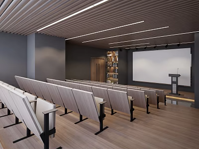 School Modern Classroom With Rows Of Seats Projector Screen Podium Bookshelf And Lighting 3d model