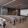 School Modern Classroom With Rows Of Seats Projector Screen Podium Bookshelf And Lighting
