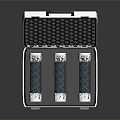 Open Metal Case with Three Blue and White Cylindrical Household Supplies and Foam Lining