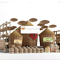 Traditional Farm Scene With Straw Roofed Huts Character For Abundance Bamboo Baskets And Grain Storage