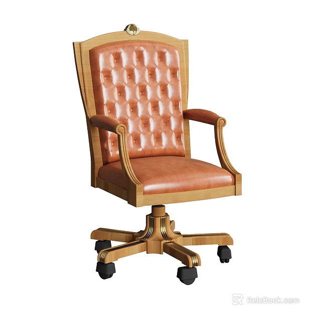 Classic Leather Office Chair With Tufted Backrest Wooden Armrests Gold Base And Rolling Casters 3d model 