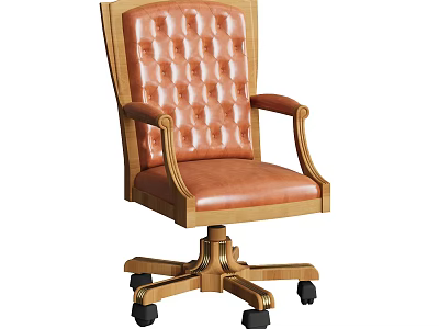 Classic Leather Office Chair With Tufted Backrest Wooden Armrests Gold Base And Rolling Casters 3d model