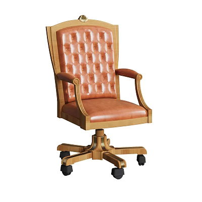 Classic Leather Office Chair With Tufted Backrest Wooden Armrests Gold Base And Rolling Casters 3d model