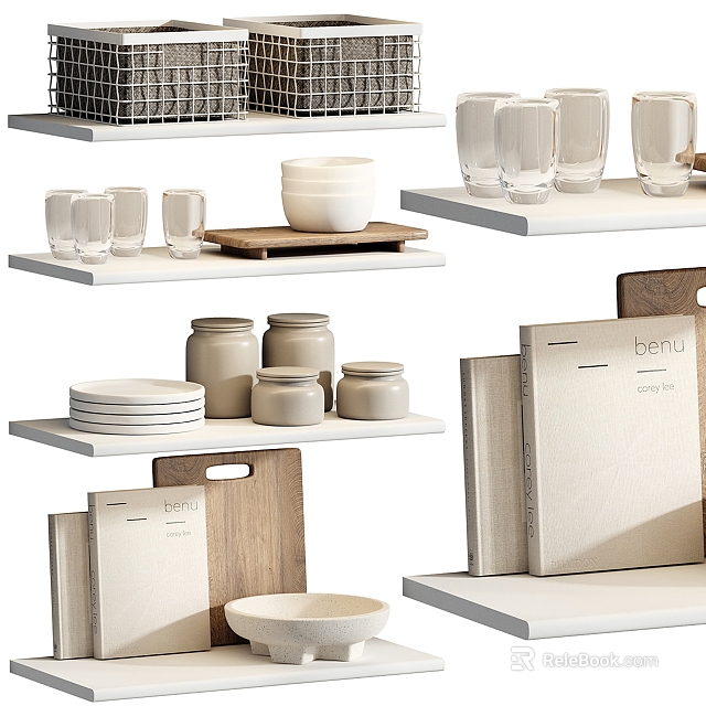 Minimalist Kitchenware Collection With Glasses Bowls Plates Jars And Cutting Boards On White Shelves 3d model 
