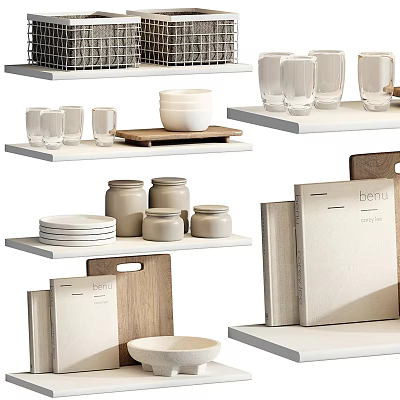 Minimalist Kitchenware Collection With Glasses Bowls Plates Jars And Cutting Boards On White Shelves 3d model