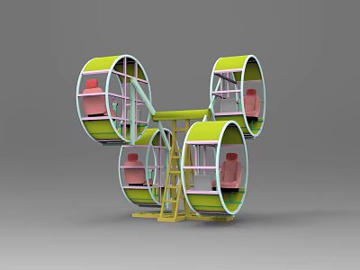 Amusement Equipment Ferris Wheel With Four Cabins Green White Frames Pink Seats And Yellow Ladder 3d model