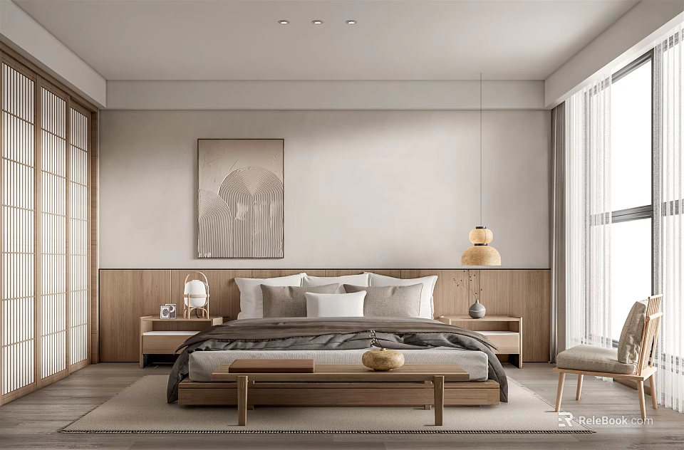 Modern Bedroom Interior Design With Wooden Accents Decorative Painting And Pendant Lamp 3d model 
