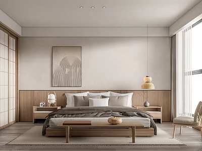 Modern Bedroom Interior Design With Wooden Accents Decorative Painting And Pendant Lamp 3d model