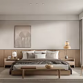 Modern Bedroom Interior Design With Wooden Accents Decorative Painting And Pendant Lamp