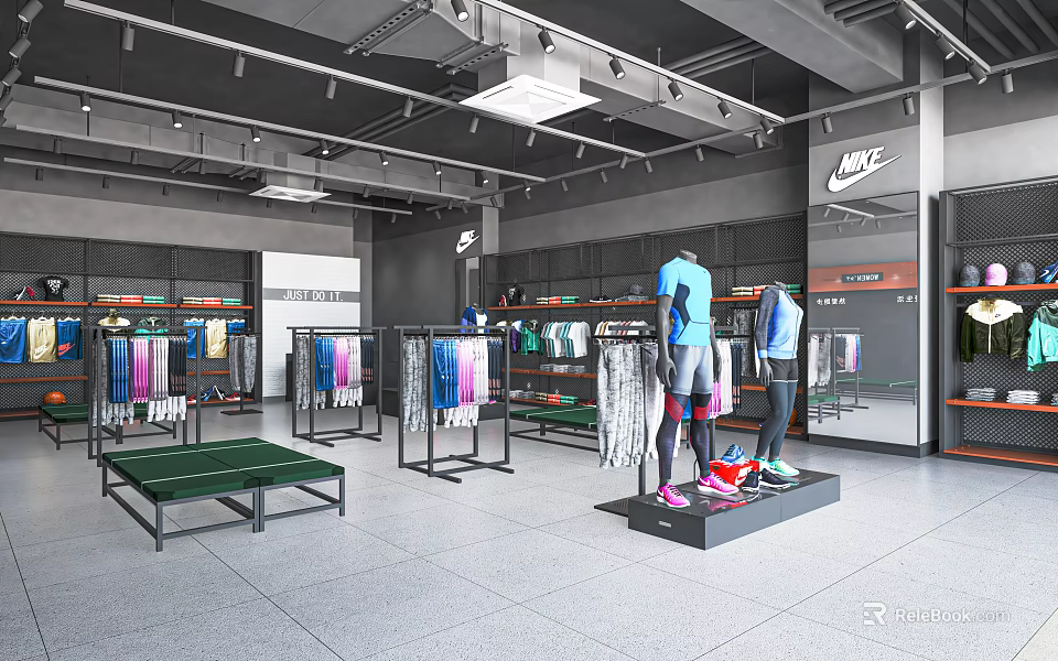 Nike Sportswear Clothing Store Interior With Display Racks Hanging Clothes And Mannequins 3d model 