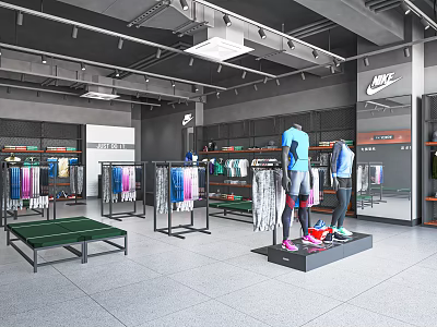 Nike Sportswear Clothing Store Interior With Display Racks Hanging Clothes And Mannequins 3d model