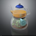 Transparent Teapot With Orange Liquid Blue Textured Lid Label Green Leaf Patterns Your Teas Leafs