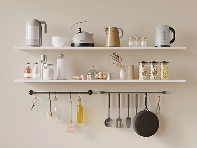 Kitchen Shelf Display with Hanging Rod Kettles Jars Seasoning Bottles and Cooking Utensils 3d model