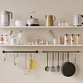 Kitchen Shelf Display with Hanging Rod Kettles Jars Seasoning Bottles and Cooking Utensils