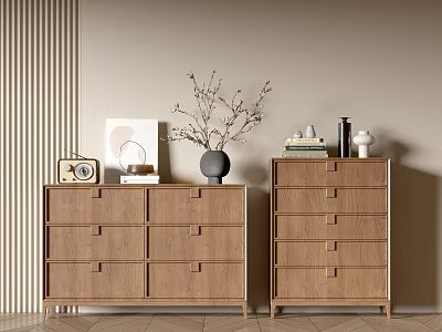Minimalist Wooden Entryway Cabinet And Side Cabinet With Decorative Vase Books Radio Ornaments 3d model