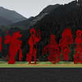 Garden Landscape with Red Paper Cut Figures in Traditional Costumes and Green Mountains by Water