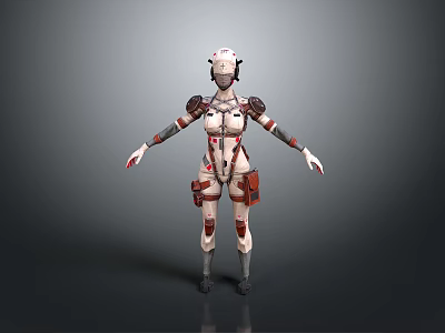 3D Cyberpunk Mechanical Character Design With White Red Armor And Gear 3d model