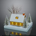 Snowy House Scene With Snow Covered Roof Red Chimney And Lit Christmas Trees