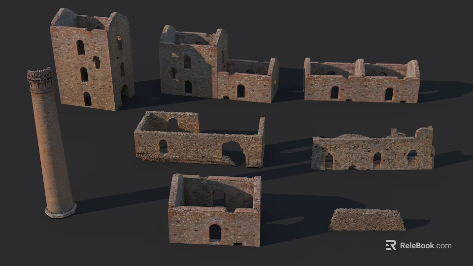 Ancient Stone Ruin Scene Components With Arched Walls And Column Structures 3d model 