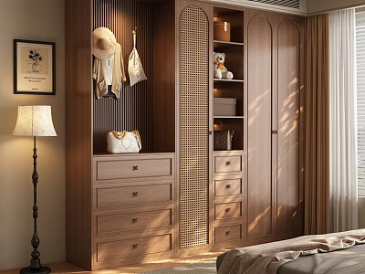 Modern Wooden Bedroom Wardrobe Featuring Lattice Design Storage Drawers And Hanging Decor 3d model