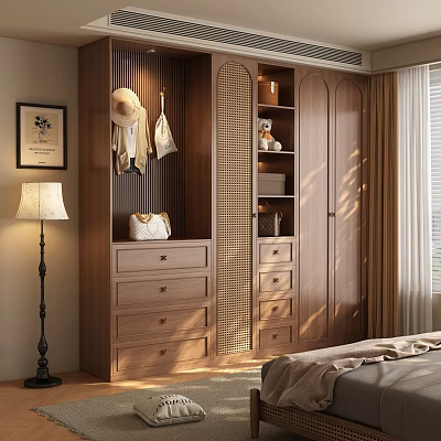 Modern Wooden Bedroom Wardrobe Featuring Lattice Design Storage Drawers And Hanging Decor 3d model