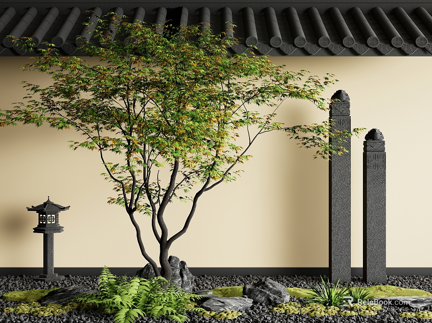Deciduous Tree In Traditional Garden With Tiled Roof Beige Wall Stone Lantern And Rocks 3d model 