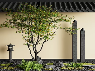 Deciduous Tree In Traditional Garden With Tiled Roof Beige Wall Stone Lantern And Rocks 3d model