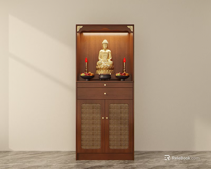 Traditional Wooden Buddhist Shrine Cabinet With Golden Buddha Statue Red Candles Drawer And Lattice Doors 3d model 