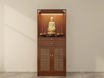 Traditional Wooden Buddhist Shrine Cabinet With Golden Buddha Statue Red Candles Drawer And Lattice Doors 3d model