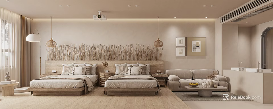 Cozy Apartment Bedroom With Neutral Tones Beds And Sofa 3d model 