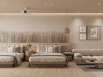 Cozy Apartment Bedroom With Neutral Tones Beds And Sofa 3d model